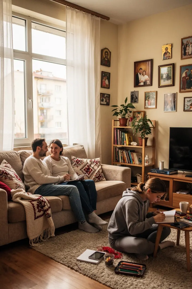 Imagine cu un birou organizat lângă o fereastră luminată, sugerând un spațiu de lucru echilibrat.